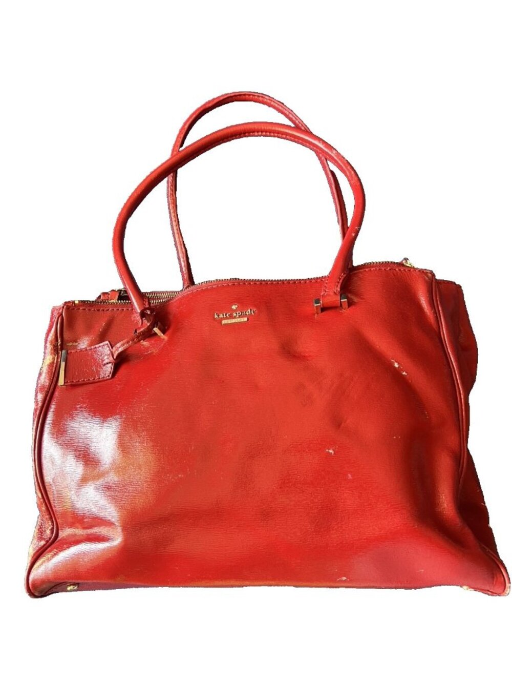 KATE SPADE Women's Handbag Red Patent Leather Zipper Shoulder Tote Purse FLAWS